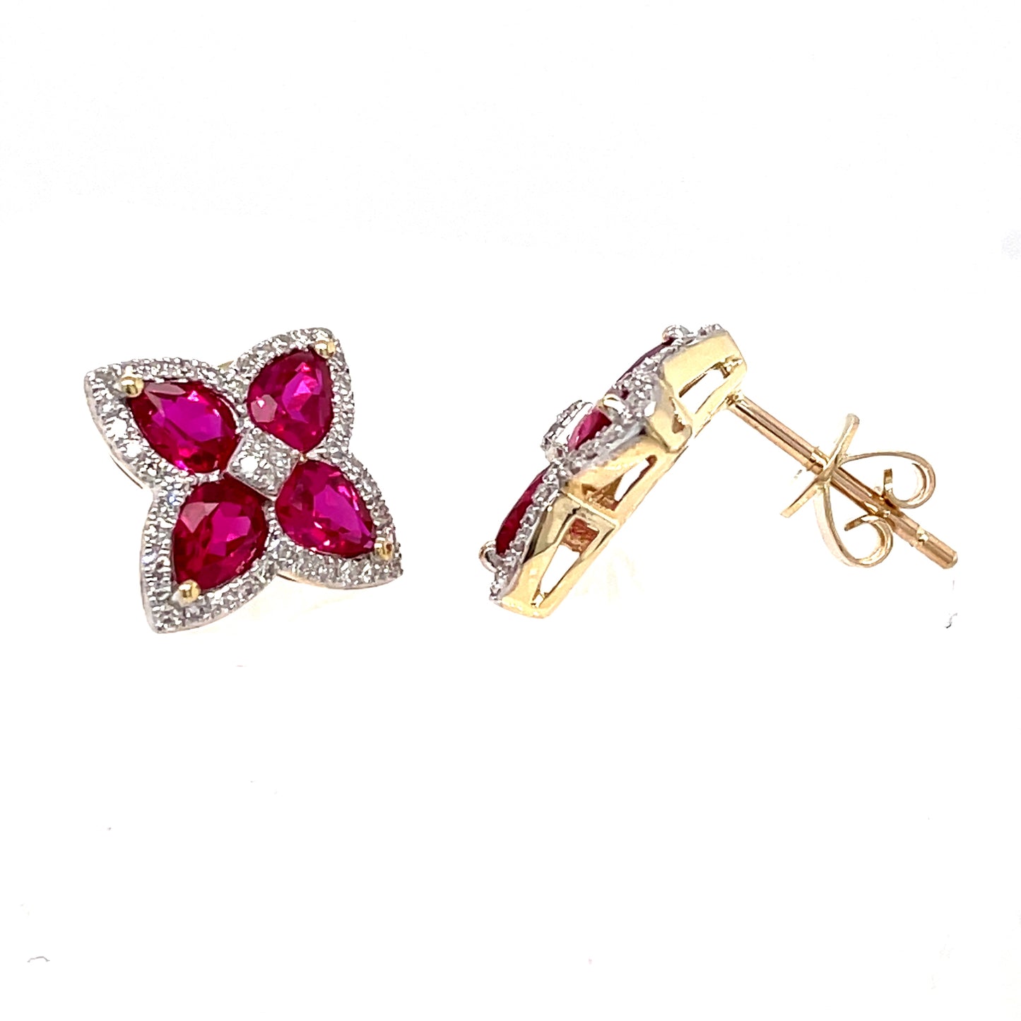 9ct Y/Gold 4 Leaf Flower Rubywith Diamond Surround Stud .21ct
