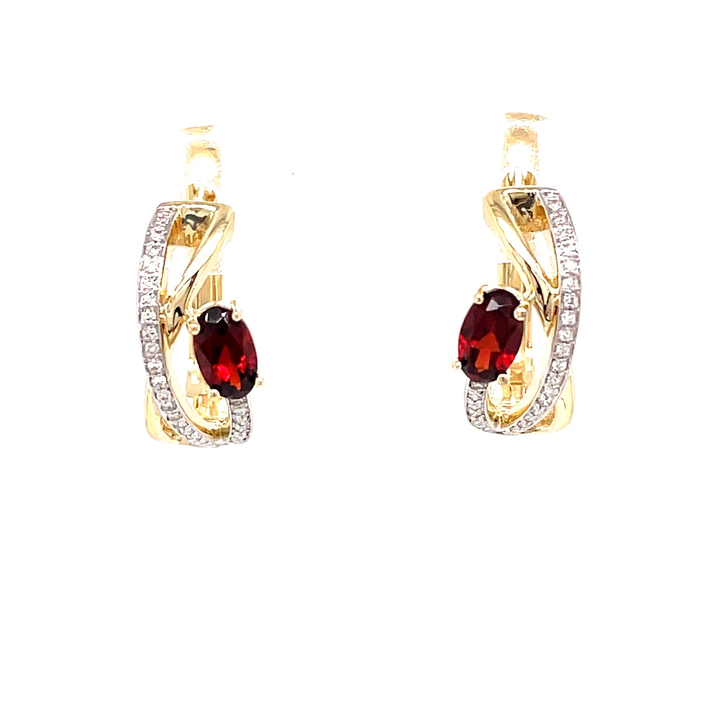 9ct Yellow Gold Hoop With A Garnet And Diamond Twist Design .09