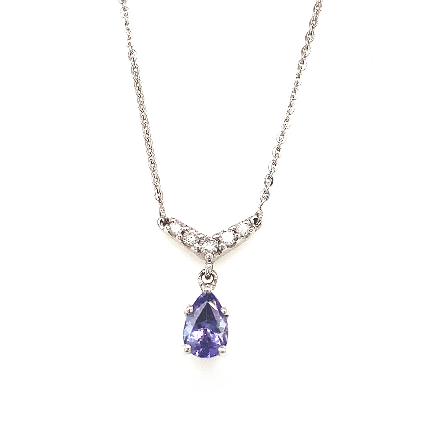 18ct White Gold Diamond And Tanzanite Pear Drop Pendant