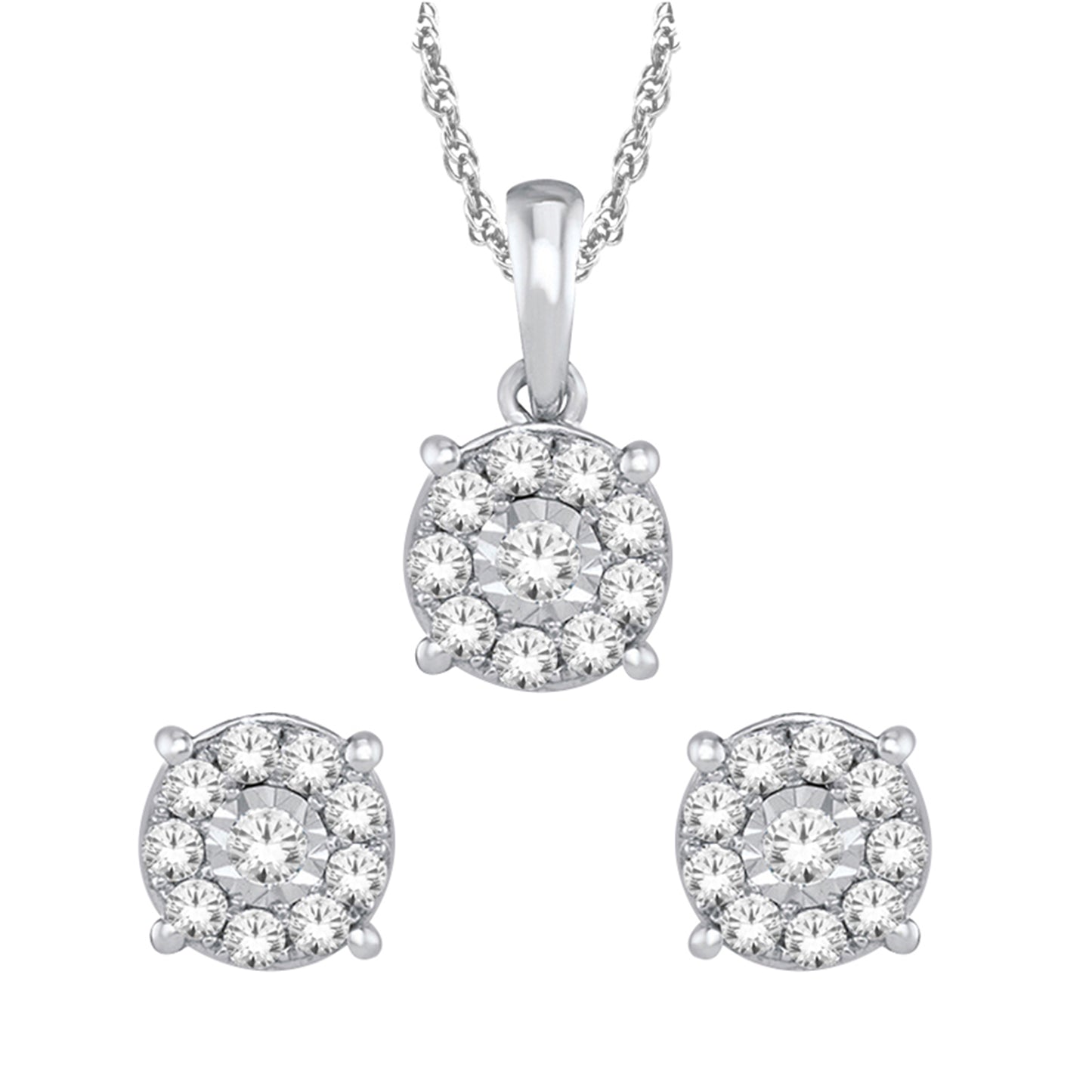 9ct White Gold Pendant And Earrings Diamond Set