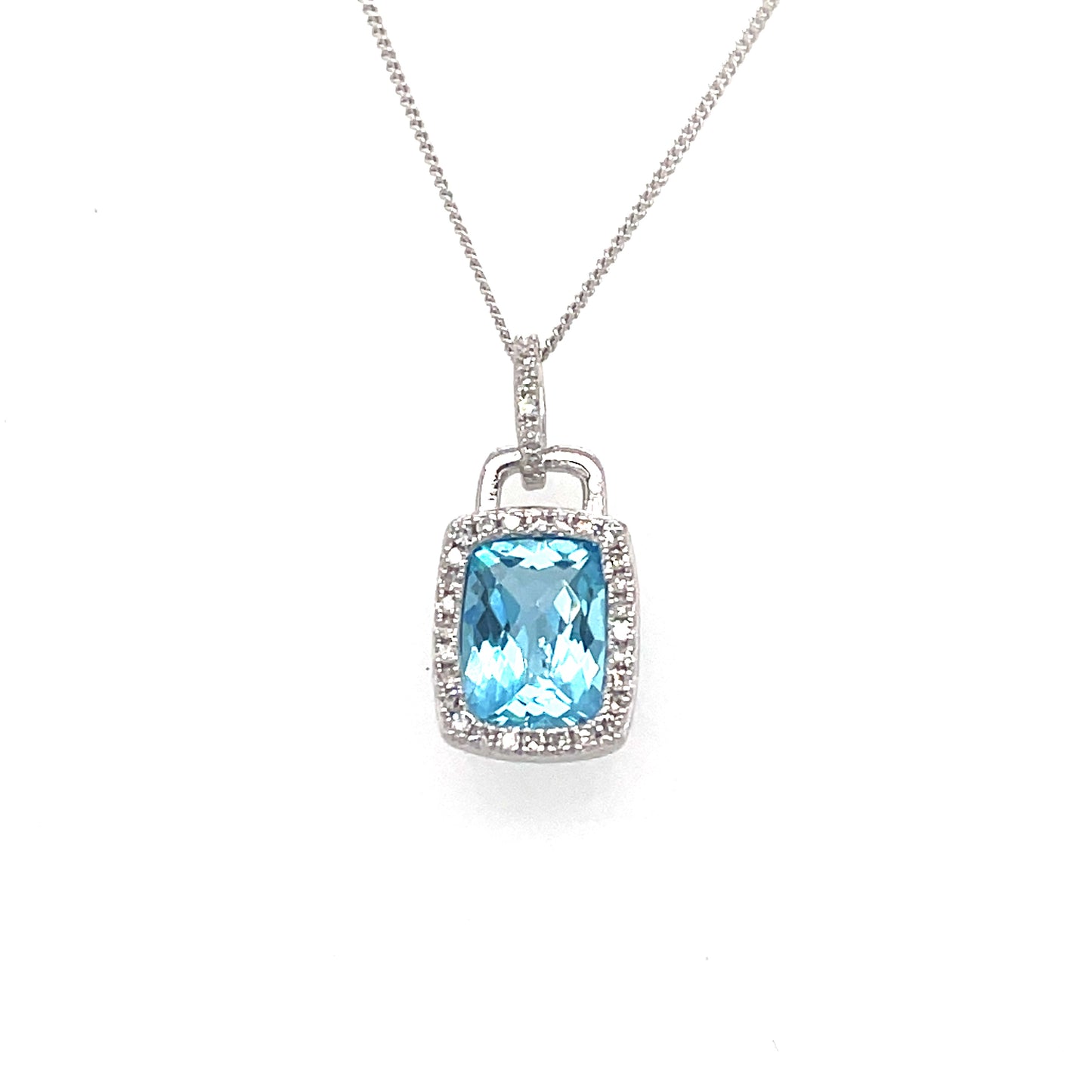 9ct White Gold Sq Blue Topaz And Diamond Halo Set Pend't 0.07ct