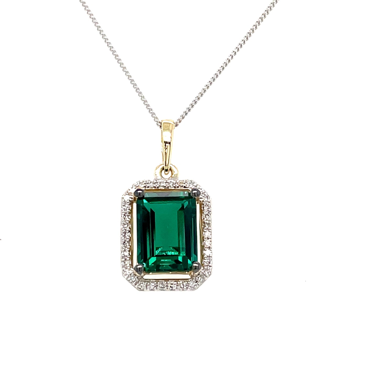 9ct Gold 2tone Em Cut Emerald And Diamond Pend't 0.09ct
