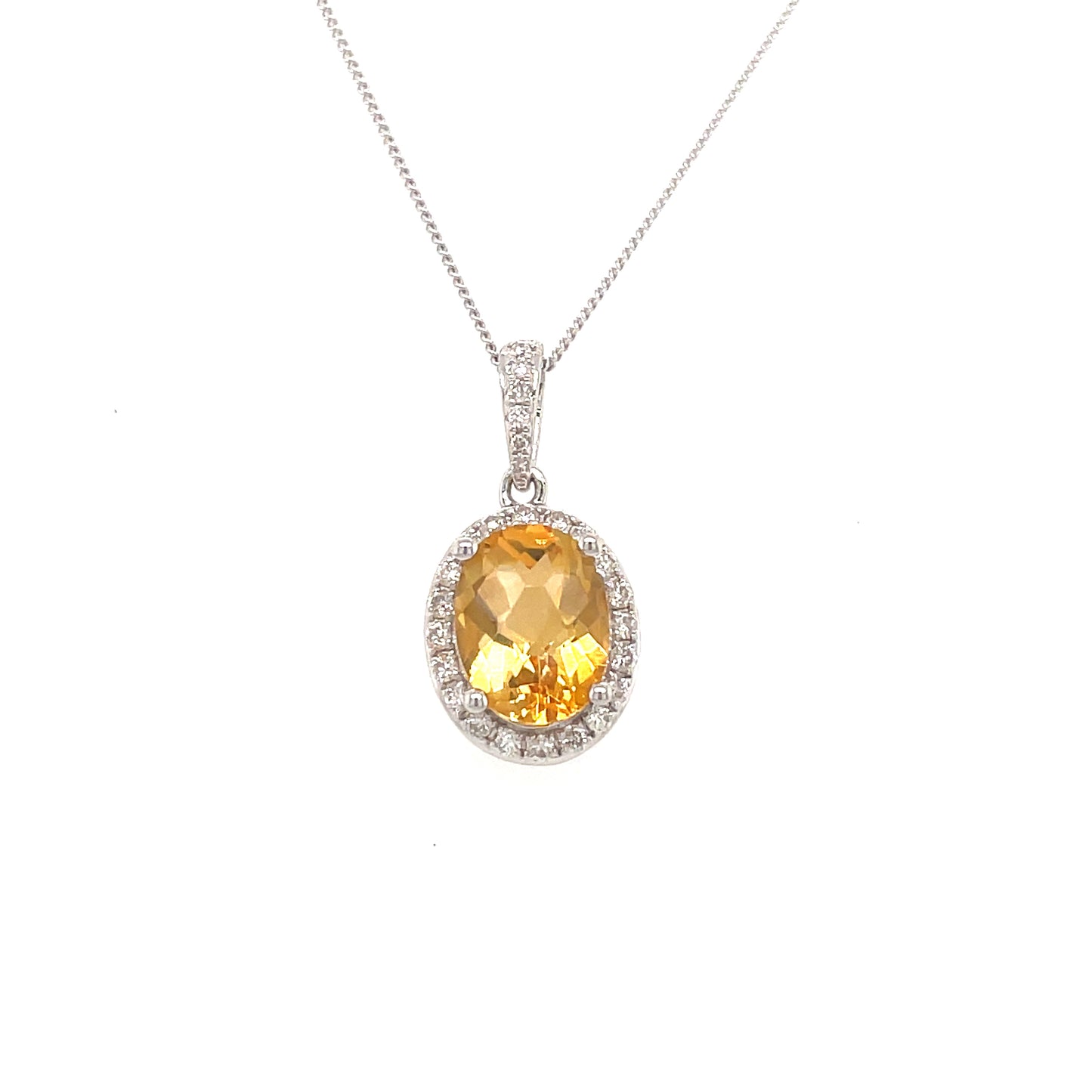 9ct White Gold Oval Cluster Citrine/Diamond Pendant .15ct