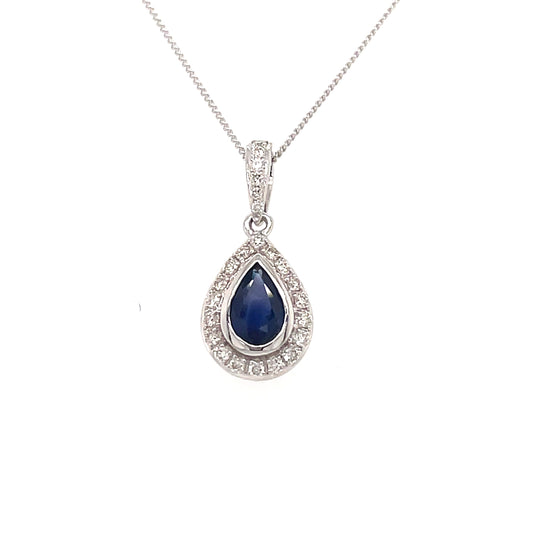 9ct White Gold Rubover Pear Sapphire/Diamond Pendant .14ct
