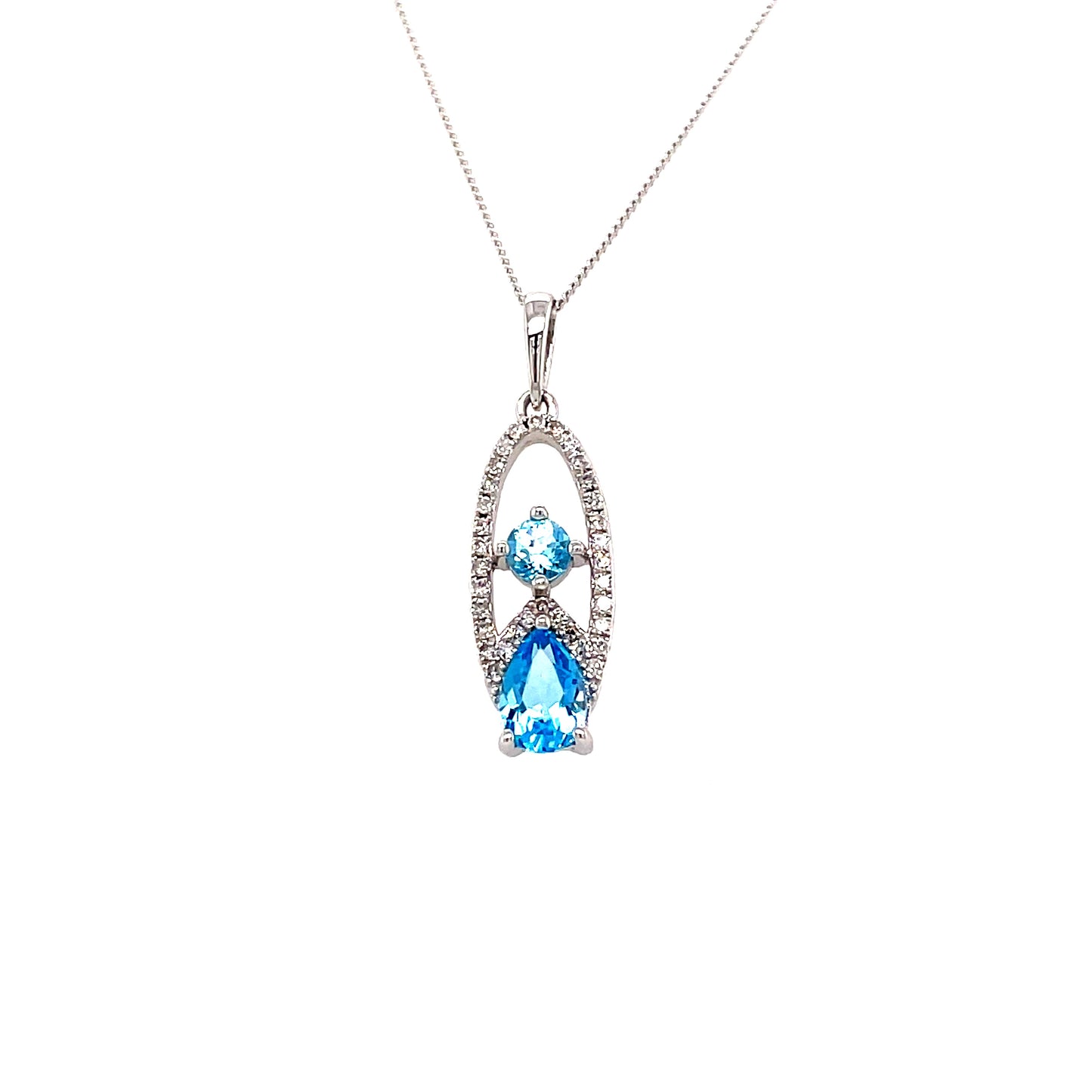 9ct White Gold Open Oval Blue Topaz/Diamond Pendant .10ct