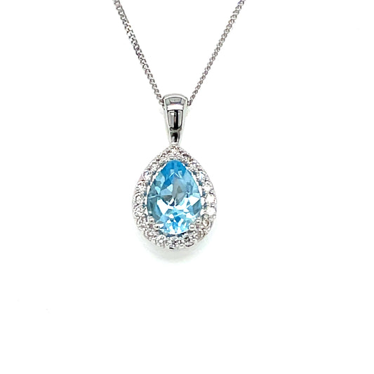 9ct White Gold Pear Halo Blue Topaz And Diamond Pendant .10ct