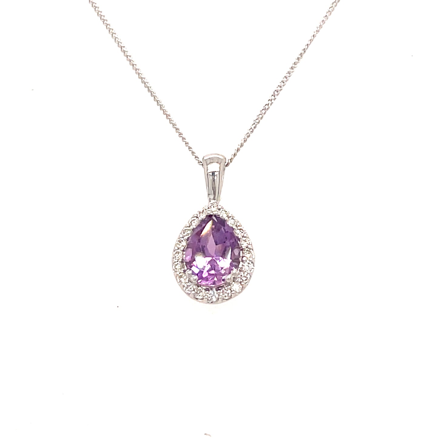 9ct White Gold Pear Amethyst Diamond Surround Pendant 0.75ct