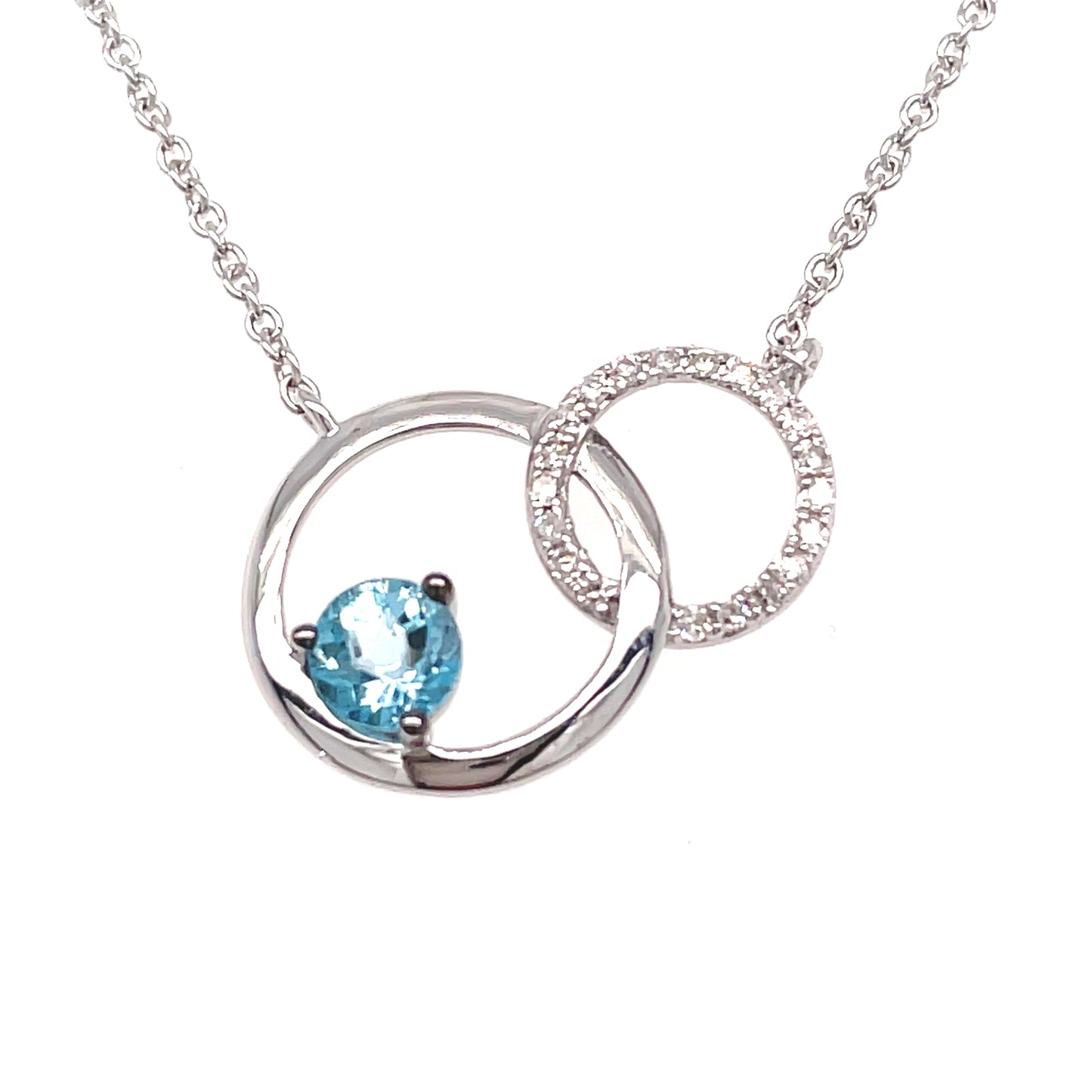 9ct White Gold Double Circle Blue Topaz/Diamond Necklet .05ct