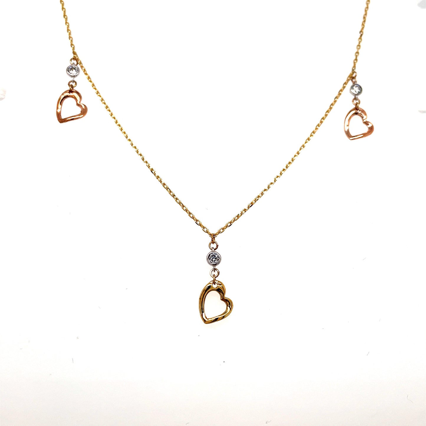 9ct Tricolour Necklet With Cubic Zirconia And Drop Heart Detail
