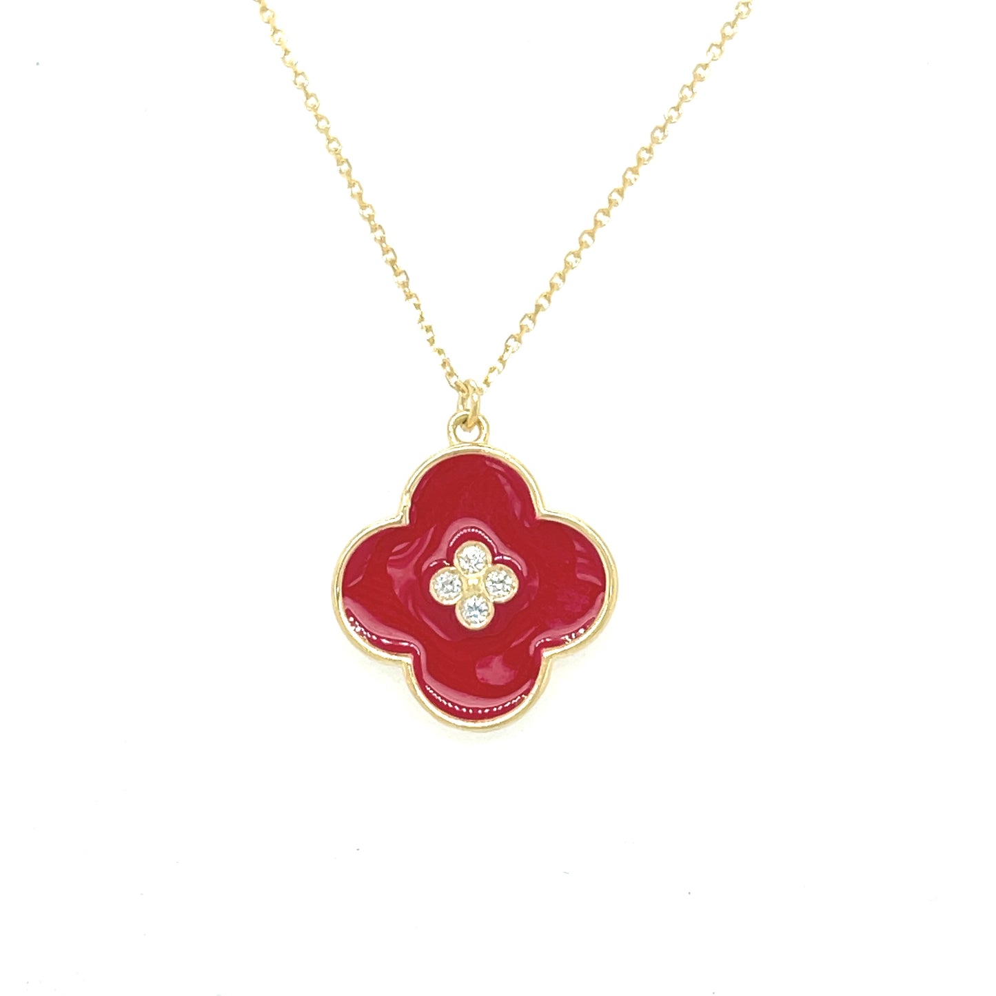 9ct Red Enamel Cubic Zirconia Flower Necklet