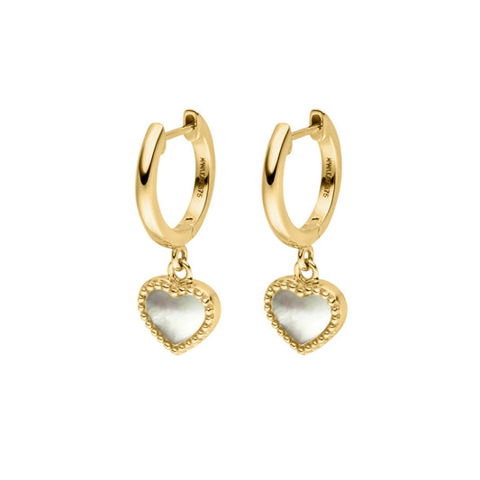 9ct Yellow Gold Mother Of Pearl Heart Earrings with Milgrain Edge
