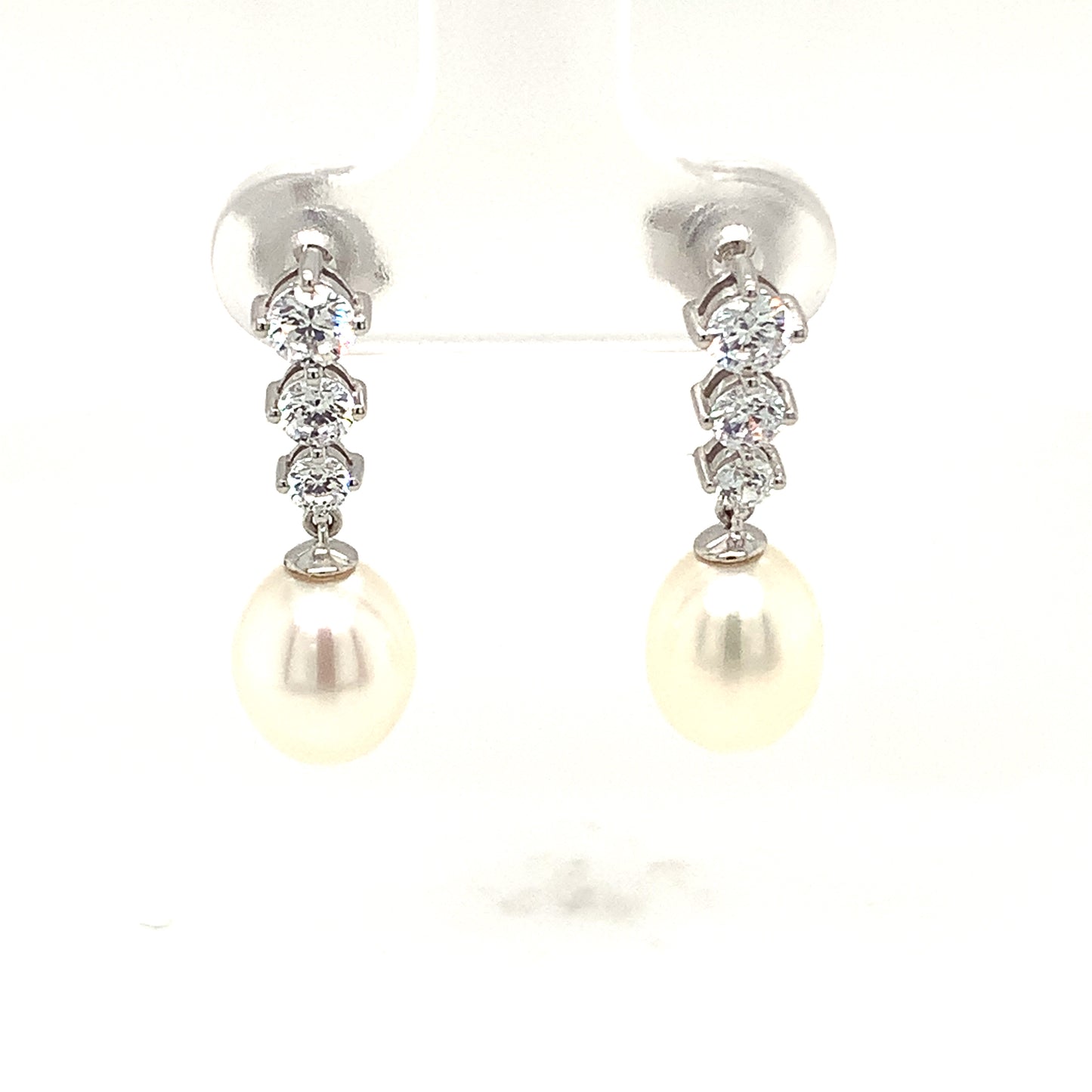 9ct White Gold Pearl And Cubic Zirconia Drop Earrings