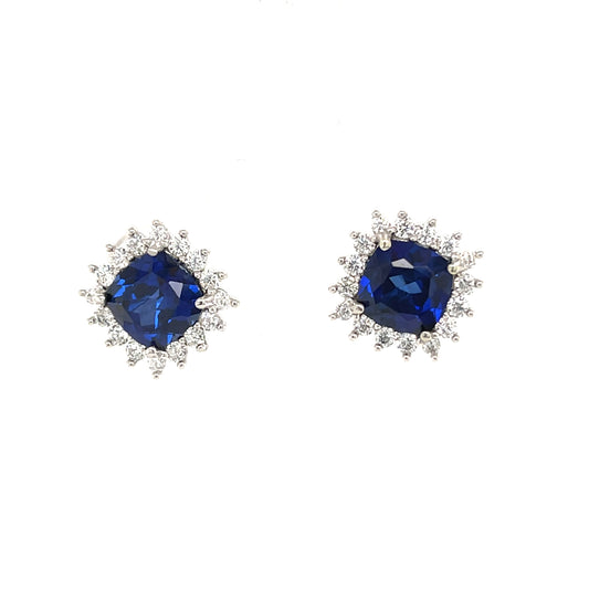 9ct White Gold Cultured Sapphire And Cubic Zirconia Square Cluster Stud Earring