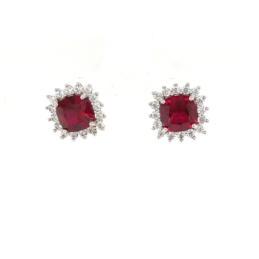 9ct White Gold Cultured Ruby And Cubic Zirconia Square Cluster Stud Earring