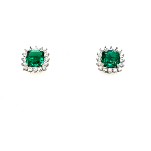 9ct White Gold Cultured Emerald And Cubic Zirconia Square Cluster Stud Earring