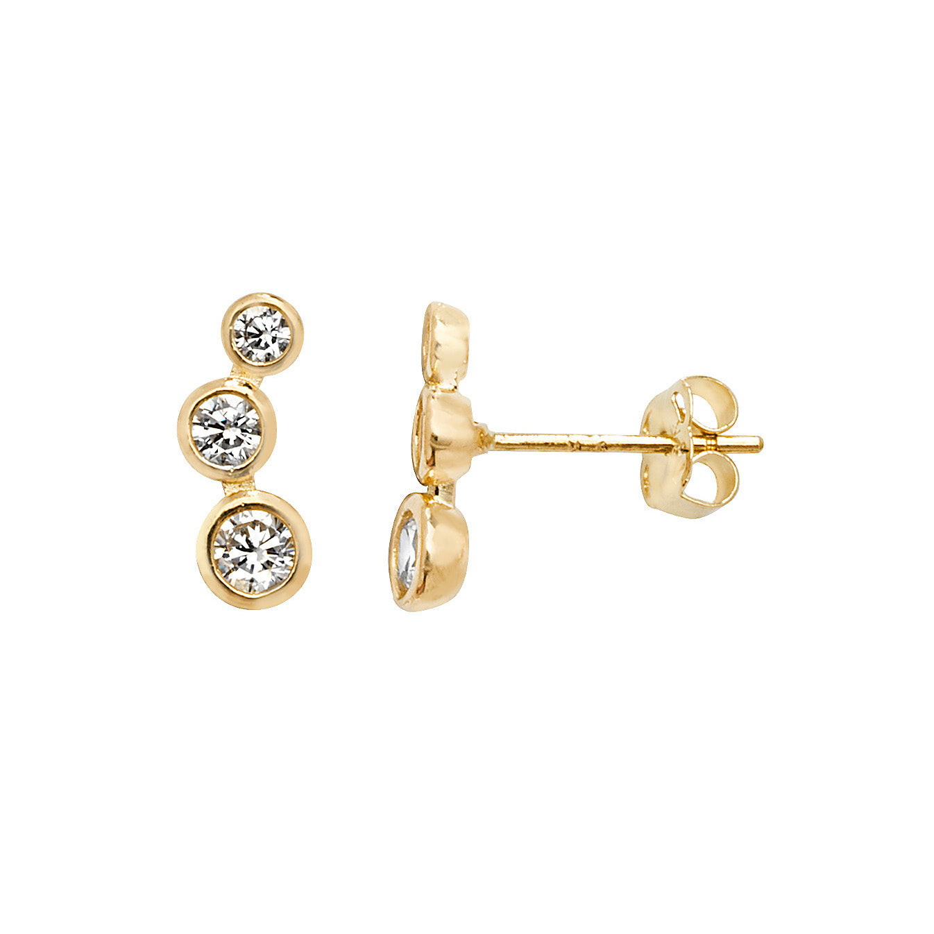 9ct Gold Three Cubic Zirconia Rub Over Stud Earrings