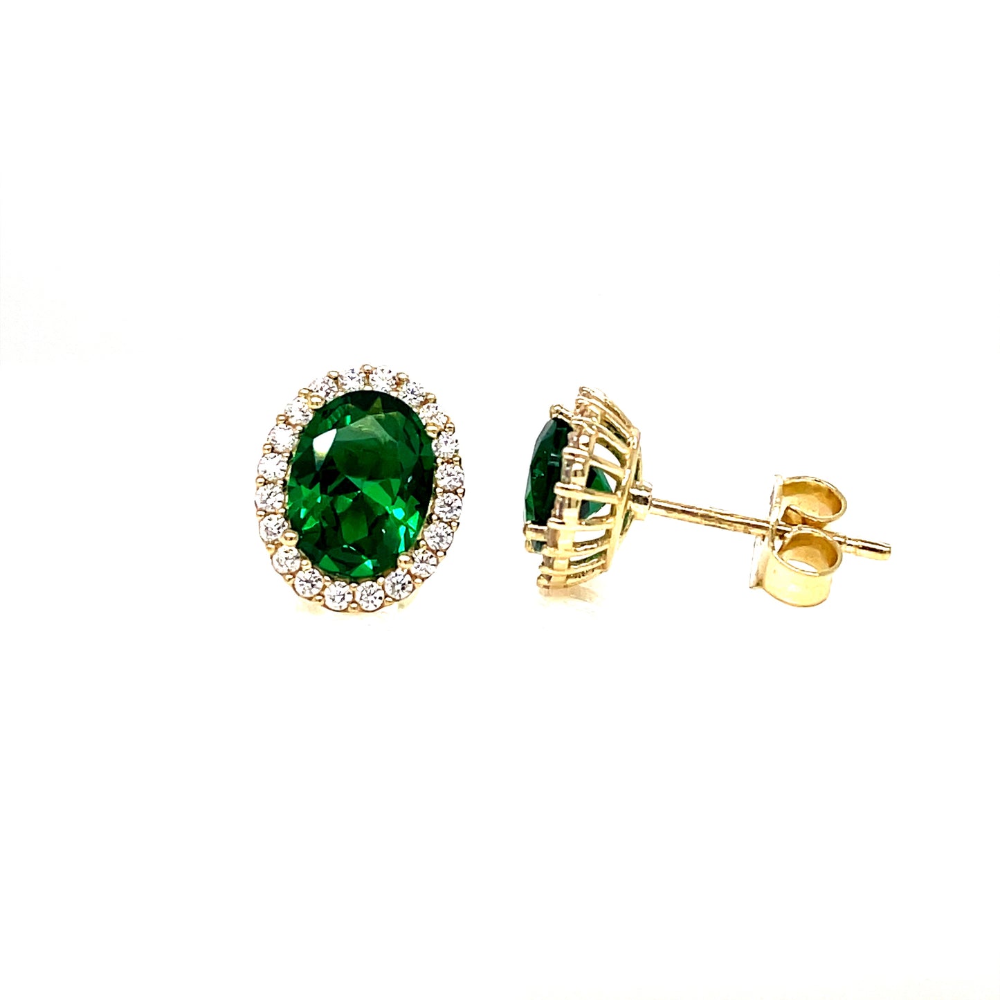 9ct Gold Oval Cubic Zirconia And Synthetic Emerald Stud Earrings