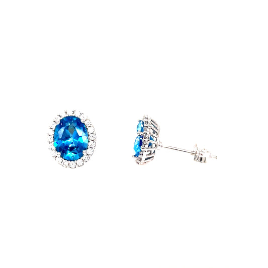 9ct White Gold Oval Blue Topaz Colour And Cubic Zirconia Stud Earring