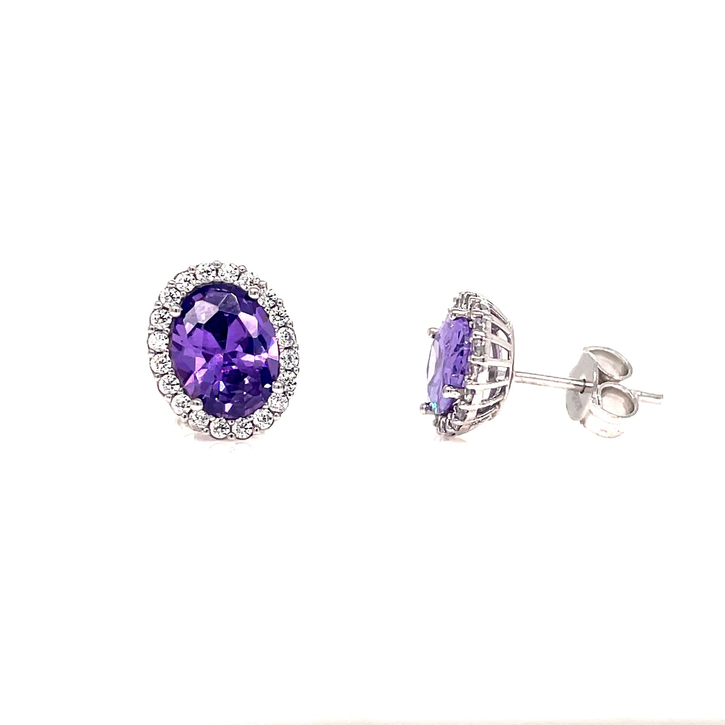 9ct White Gold Oval Cubic Zirconia Amethyst Colour Stud Earring