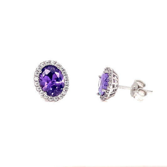 9ct White Gold Oval Cubic Zirconia Amethyst Colour Stud Earring