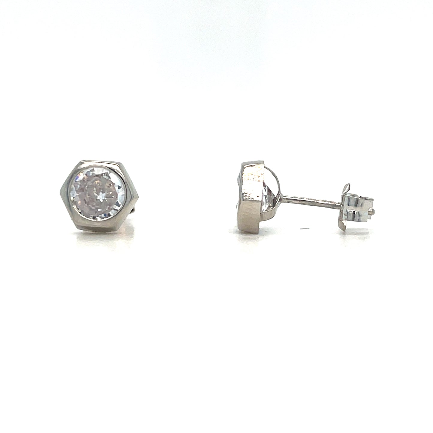 9ct White Gold Hexagon Rubover CZ Stud Earrings