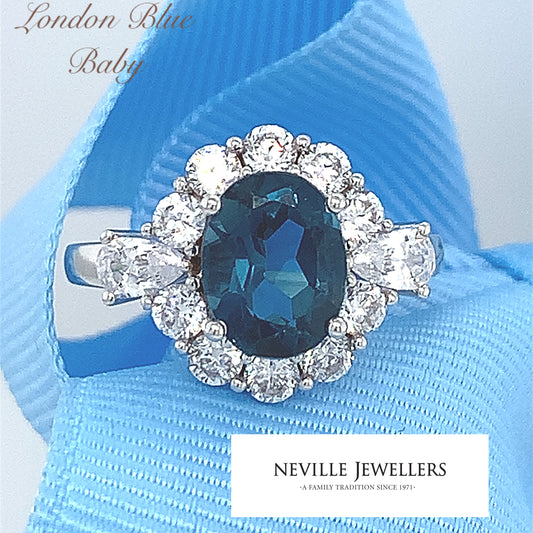 9ct White Gold London Blue Topaz And Cubic Zirconia Ring