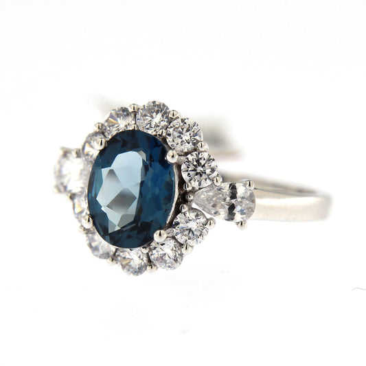 9ct White Gold London Blue Topaz And Cubic Zirconia Ring