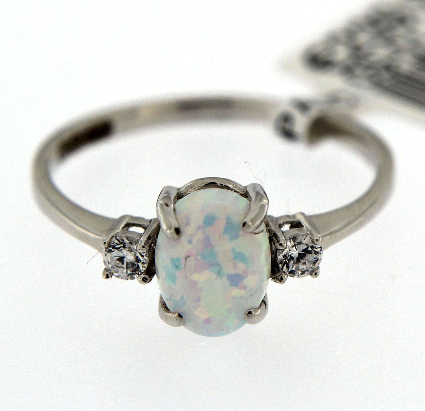 9ct White Gold Three Stone Opal And Cubic Zirconia Ring