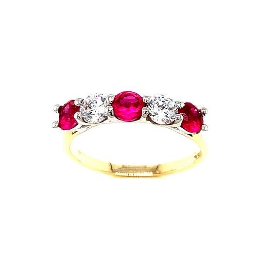 9ct Five Stone Red And Cubic Zirconia Ring