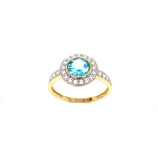 9ct Blue Topaz Cubic Zirconia Round Halo Cluster Ring
