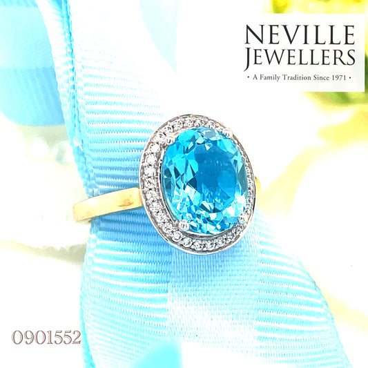 9ct Created Blue Topaz Cubic Zirconia Oval Cluster Ring