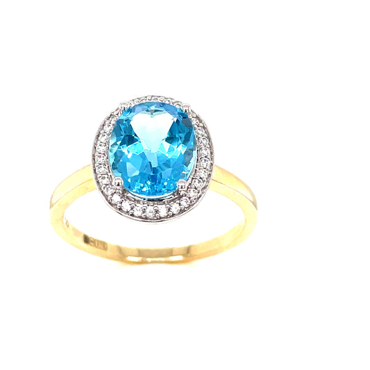 9ct Created Blue Topaz Cubic Zirconia Oval Cluster Ring