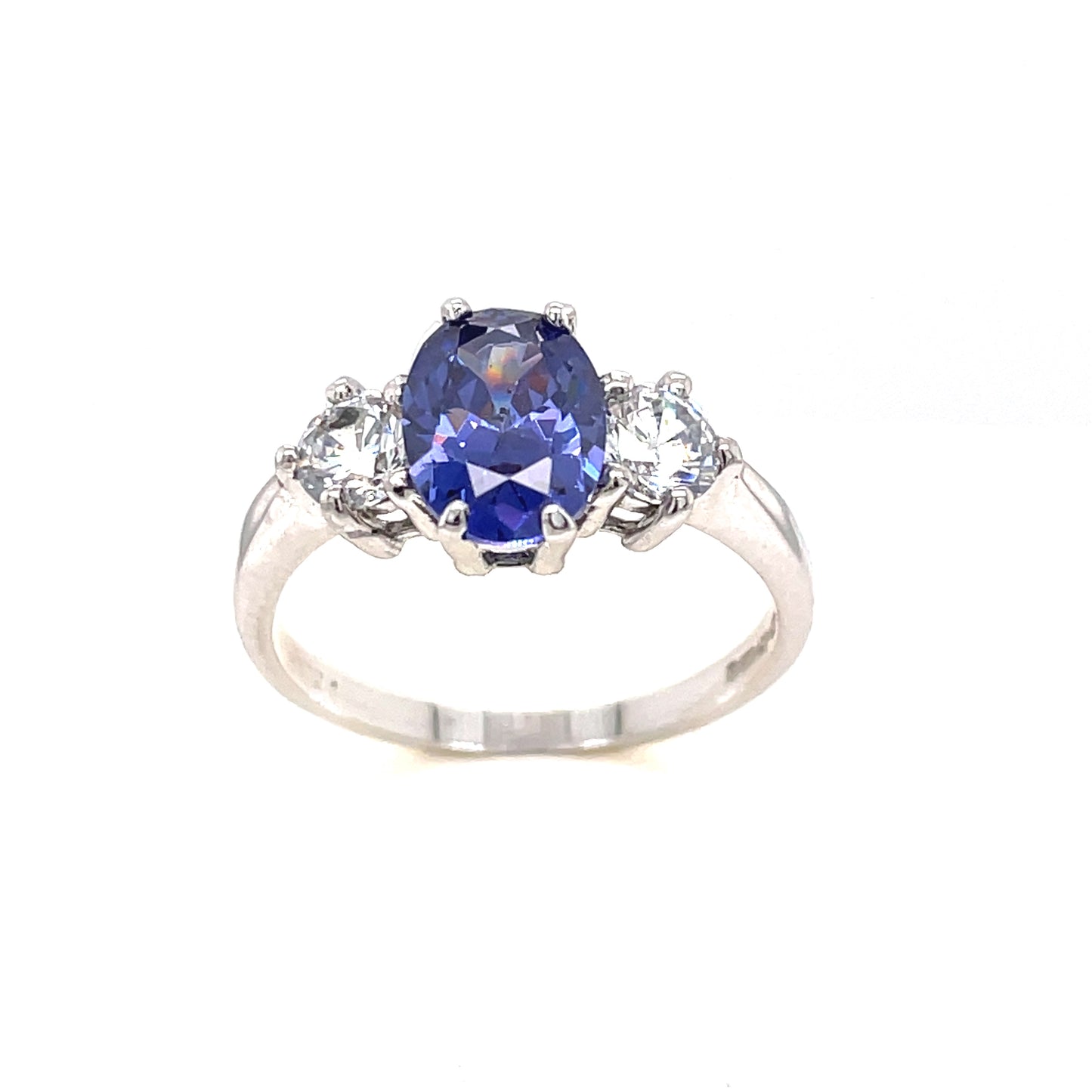 9ct White Gold Cubic Zirconia And Tanzanite 3 Stone Ring
