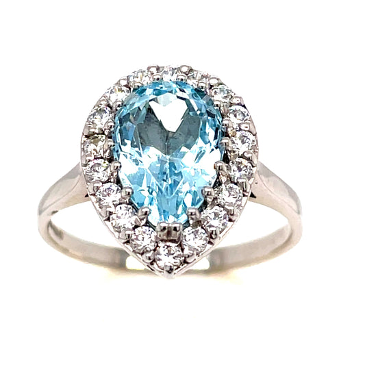 9ct White Gold Blue Topaz Cubic Zirconia Pear Cluster Ring