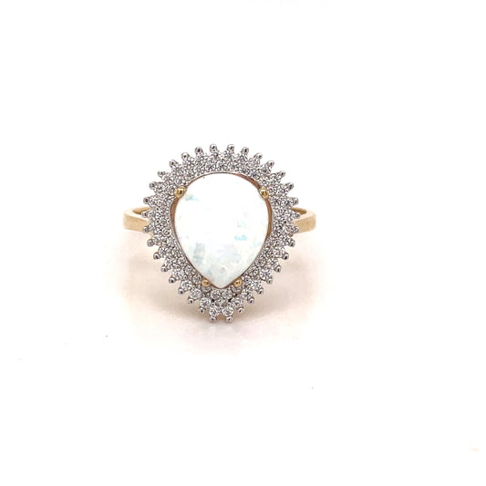 9ct Gold Pear 2 Row Cubic Zirconia And Opal Dress Ring