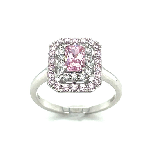 9ct White Gold Open Square Cluster Cubic Zirconia/Pink Ring