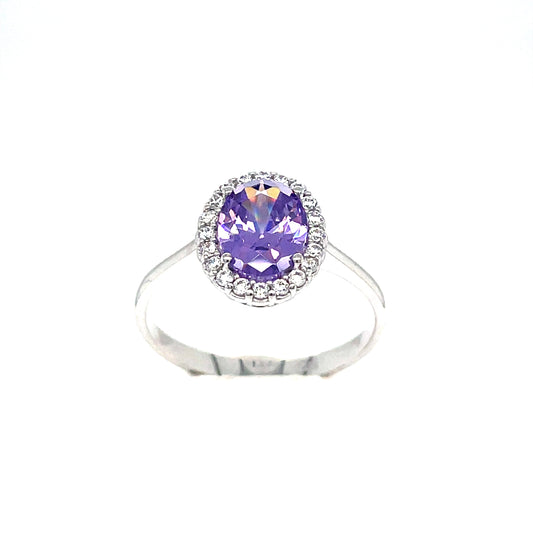 9ct White Gold Cubic Zirconia And Amethyst Cluster Dress Ring