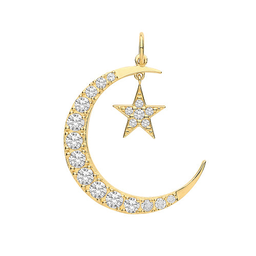 9ct Moon Ans Star Cubic Zirconia Pendant