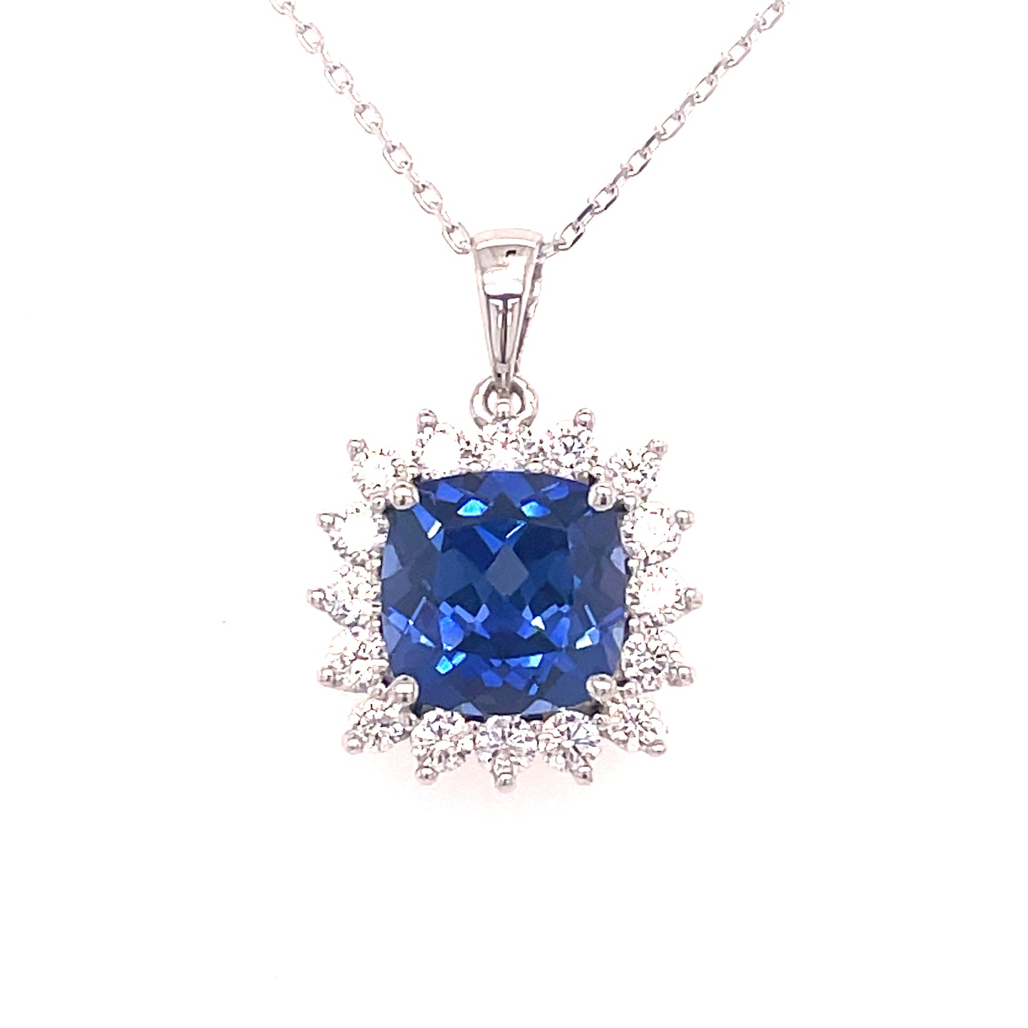 9CT WHITE GOLD CULTURED SAPPHIRE AND CUBIC ZIRCONIA SQUARE CLUSTER PENDANT