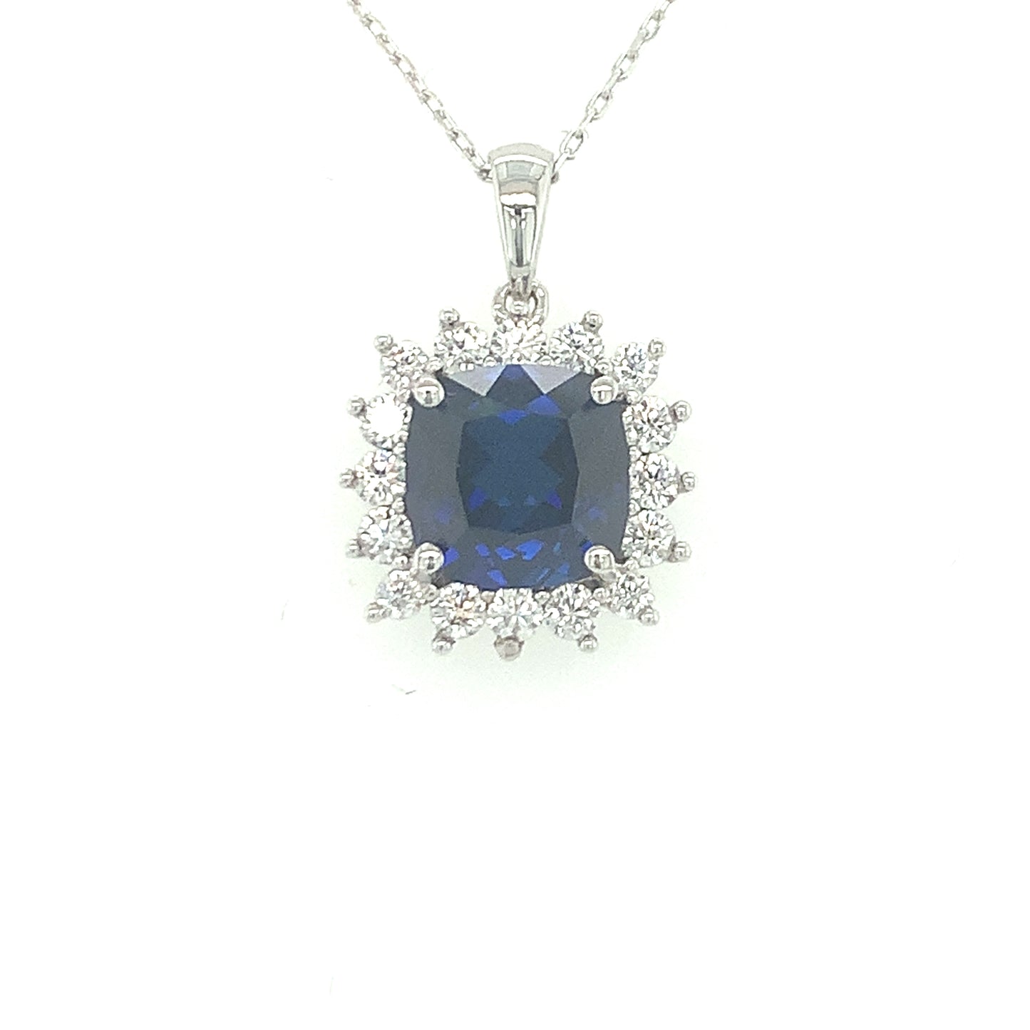 9CT WHITE GOLD CULTURED SAPPHIRE AND CUBIC ZIRCONIA SQUARE CLUSTER PENDANT