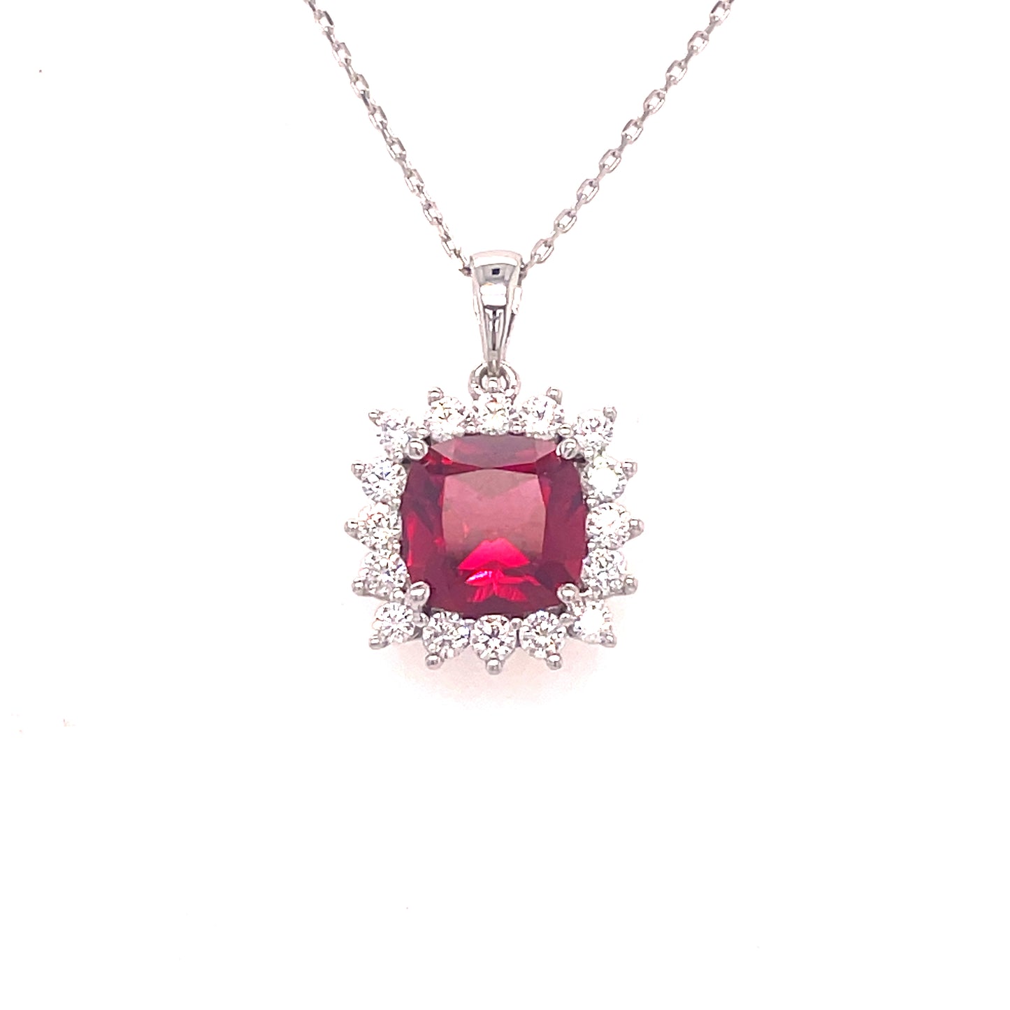 9CT WHITE GOLD CUBIC ZIRCONIA AND CULTURED RUBY SQUARE CLUSTER PENDANT