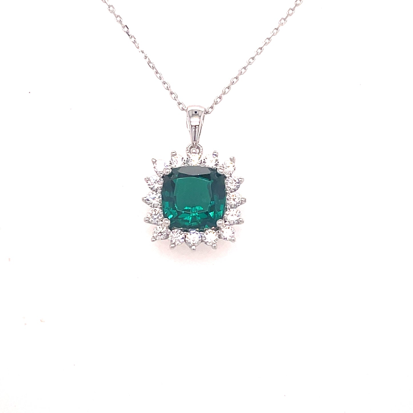 9CT WHITE GOLD CUBIC ZIRCONIA AND CULTURED EMERALD SQUARE CLUSTER PENDANT