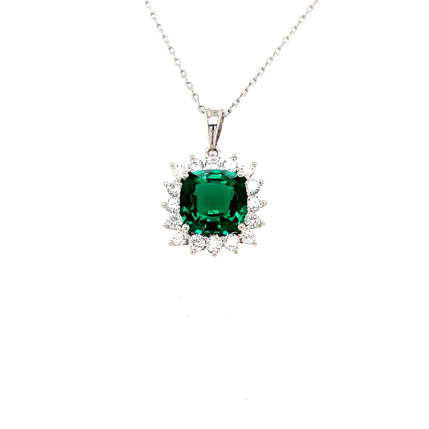 9CT WHITE GOLD CUBIC ZIRCONIA AND CULTURED EMERALD SQUARE CLUSTER PENDANT