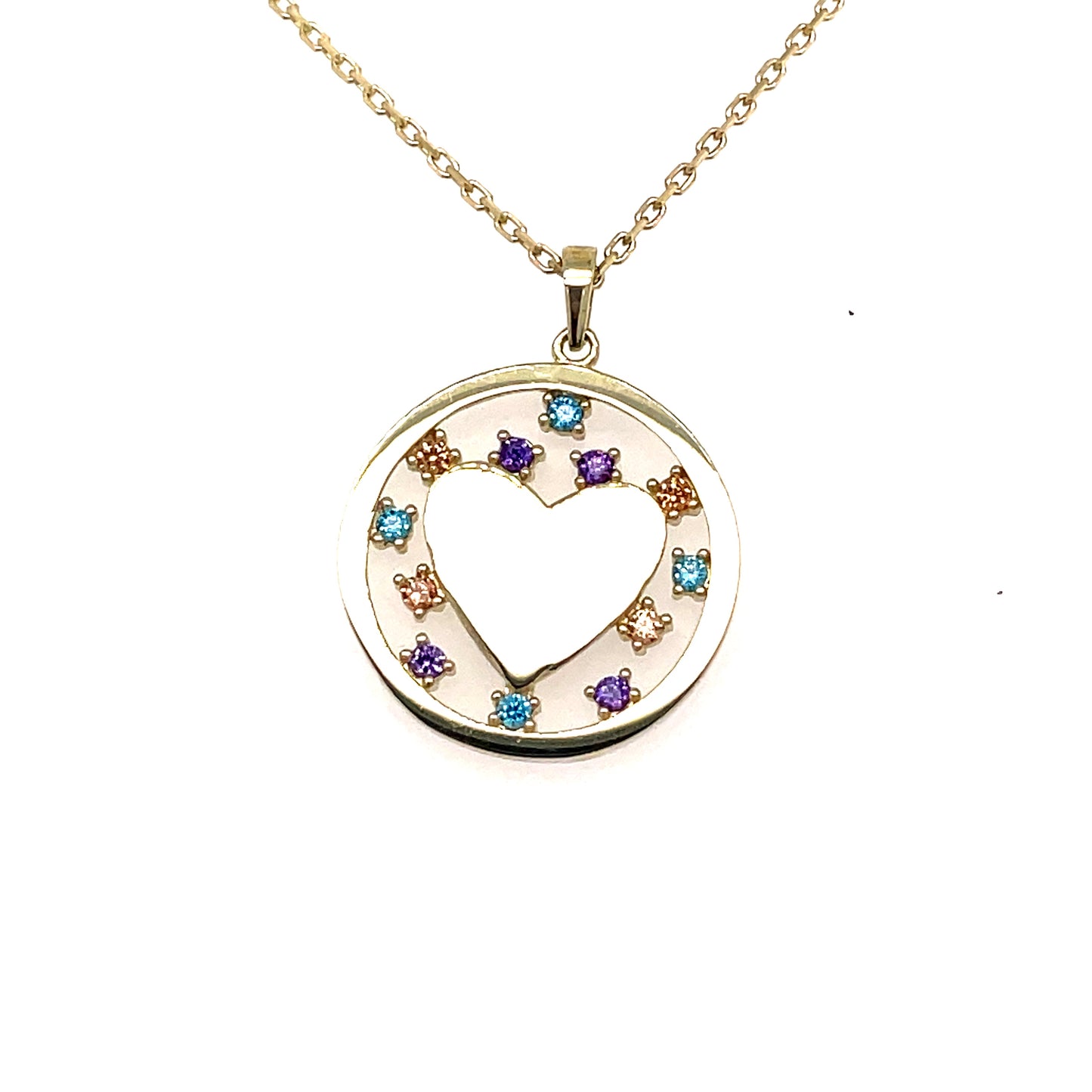 9ct Multi Colour Stone Heart Circle Pendant