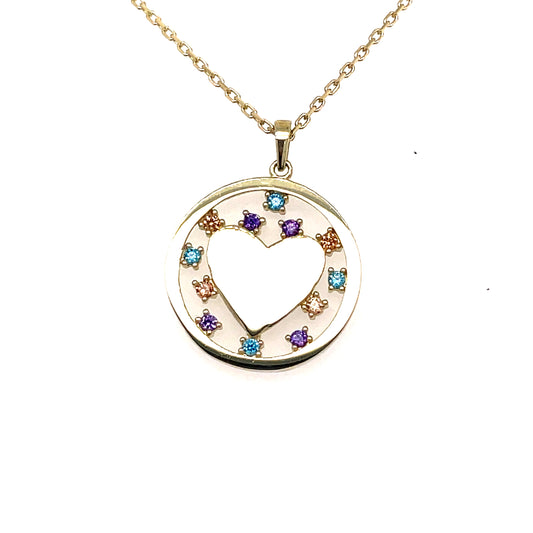 9ct Multi Colour Stone Heart Circle Pendant