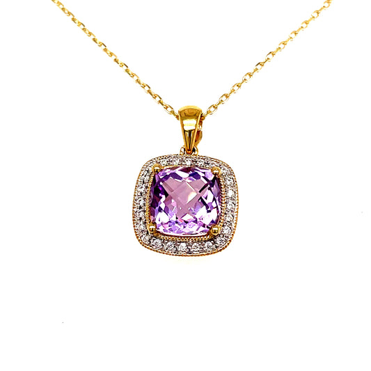 9ct Amethyst  Cubic Zirconia Square Cluster Pendant
