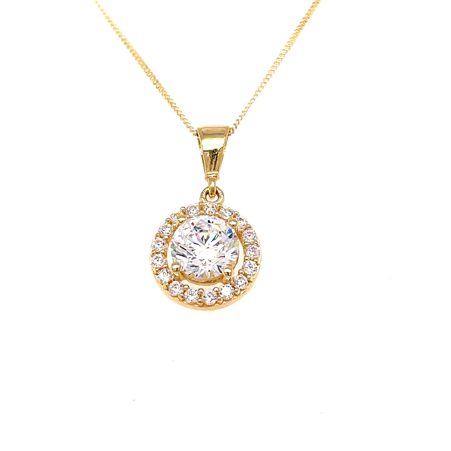 9ct Yg Cubic Zirconia Halo Cluster Pendant On A 18'' Chain