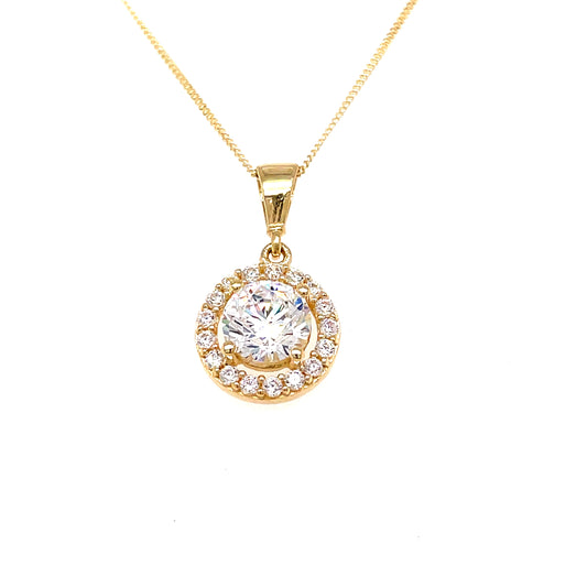 9ct Yg Cubic Zirconia Halo Cluster Pendant On A 18'' Chain