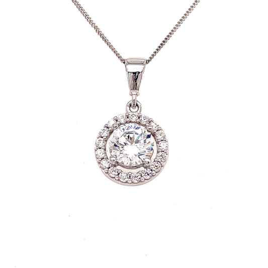 9ct White Gold Round Halo Set Cubic Zirconia  Pendant
