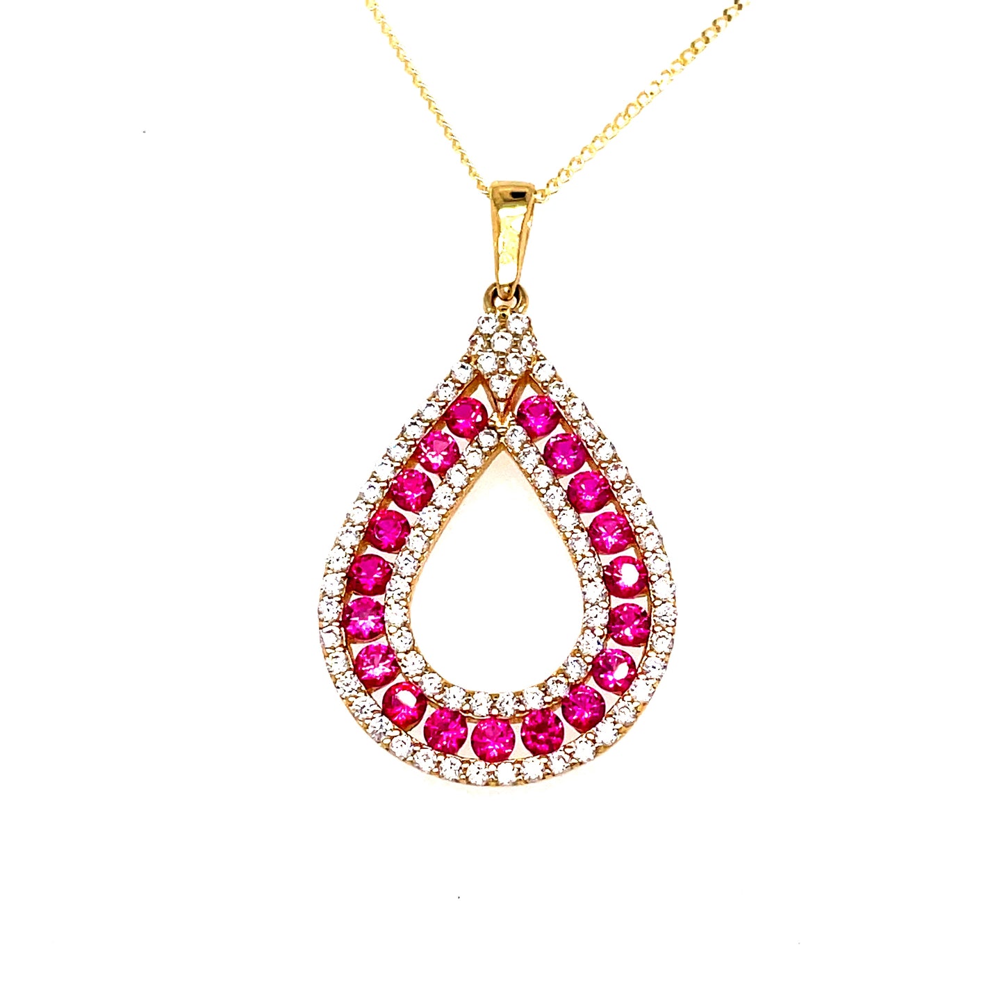 9ct Open Pear Cubic Zirconia And Red Stone Pendant